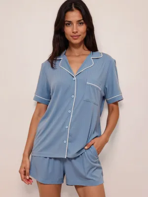 Button Down Rib Knit Pj Short Set