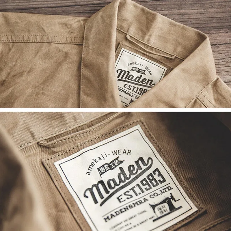 Canvas Oil Wax Men Jackets Khaki Retro Multi-pocket