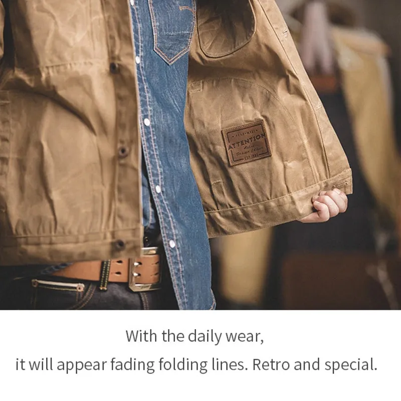 Canvas Oil Wax Men Jackets Khaki Retro Multi-pocket