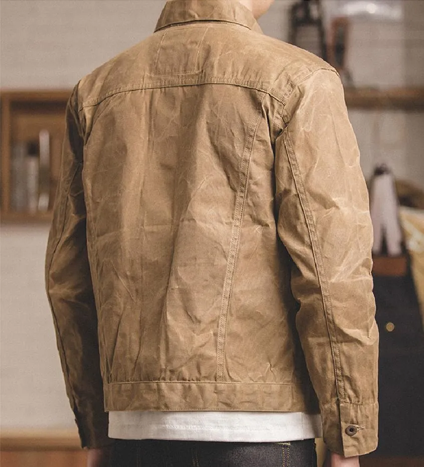 Canvas Oil Wax Men Jackets Khaki Retro Multi-pocket