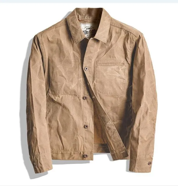 Canvas Oil Wax Men Jackets Khaki Retro Multi-pocket