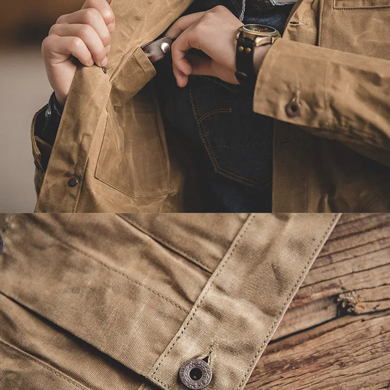 Canvas Oil Wax Men Jackets Khaki Retro Multi-pocket