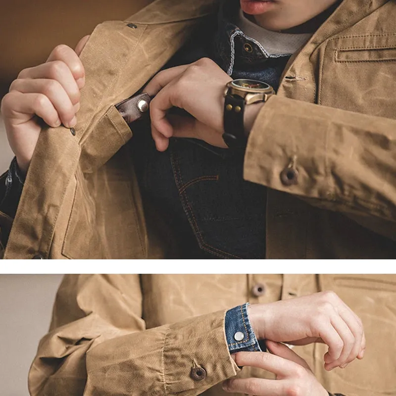 Canvas Oil Wax Men Jackets Khaki Retro Multi-pocket