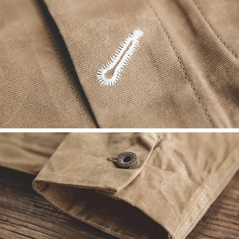 Canvas Oil Wax Men Jackets Khaki Retro Multi-pocket