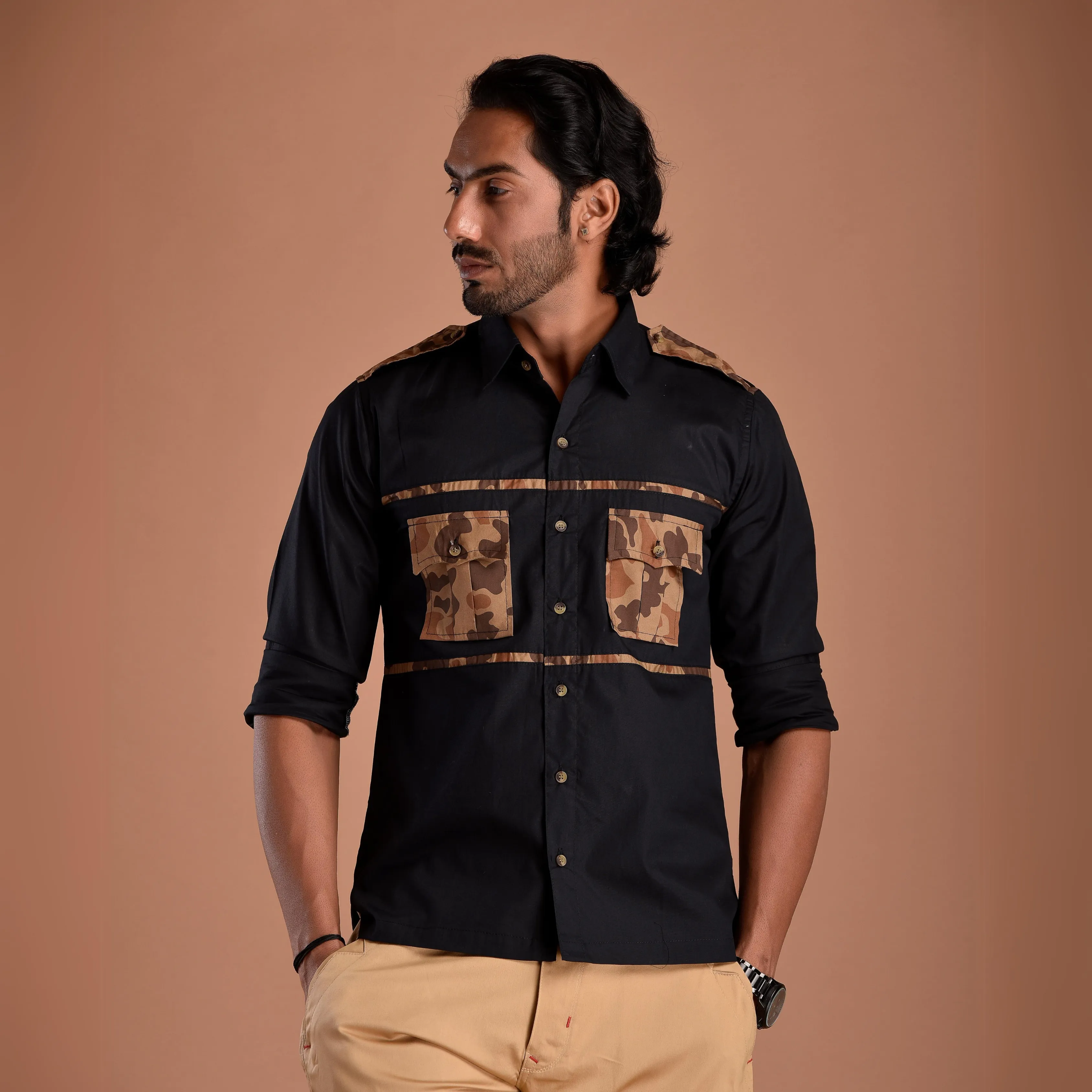 Classic Black Hunting Style Shirt with Camouflage pockets