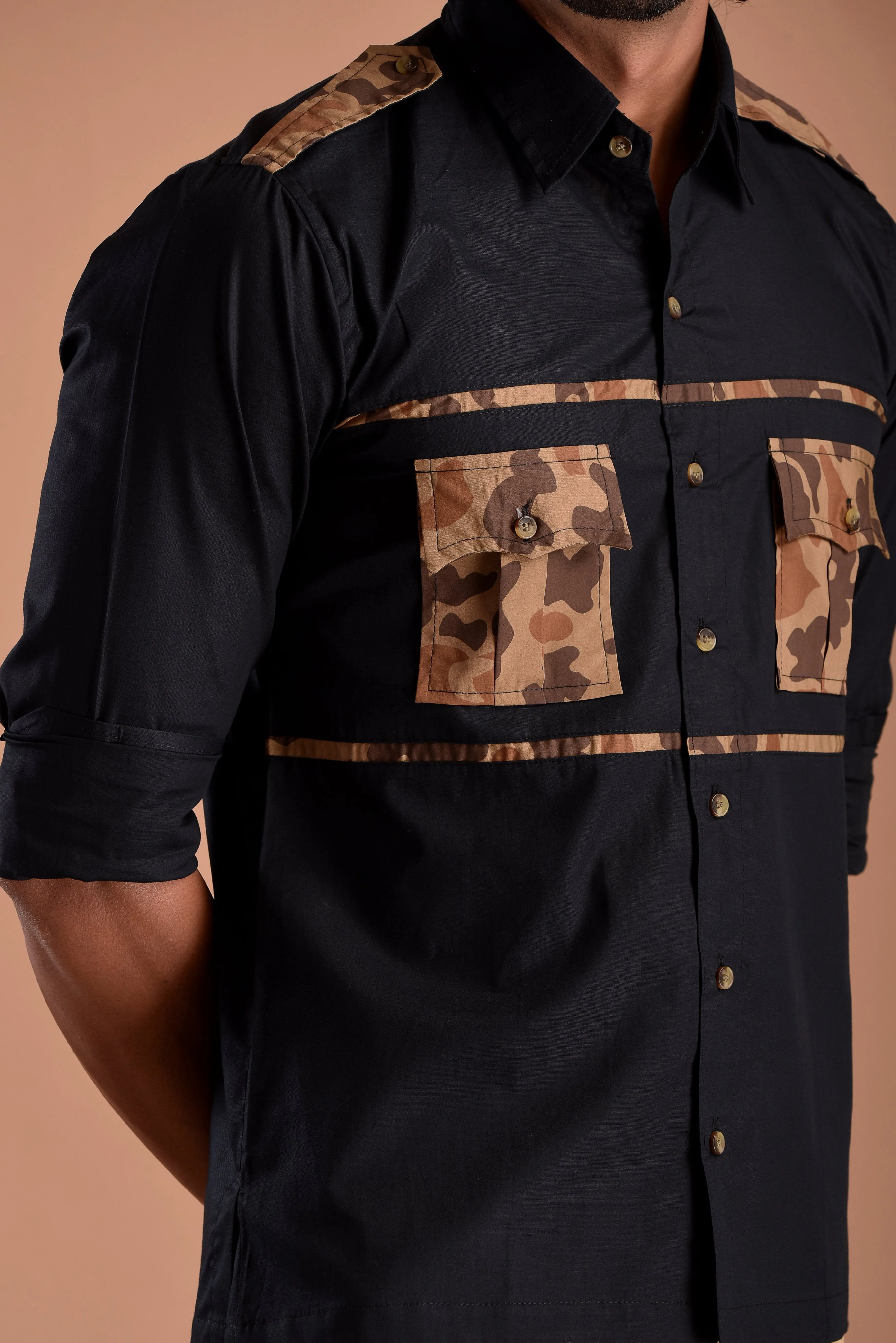 Classic Black Hunting Style Shirt with Camouflage pockets