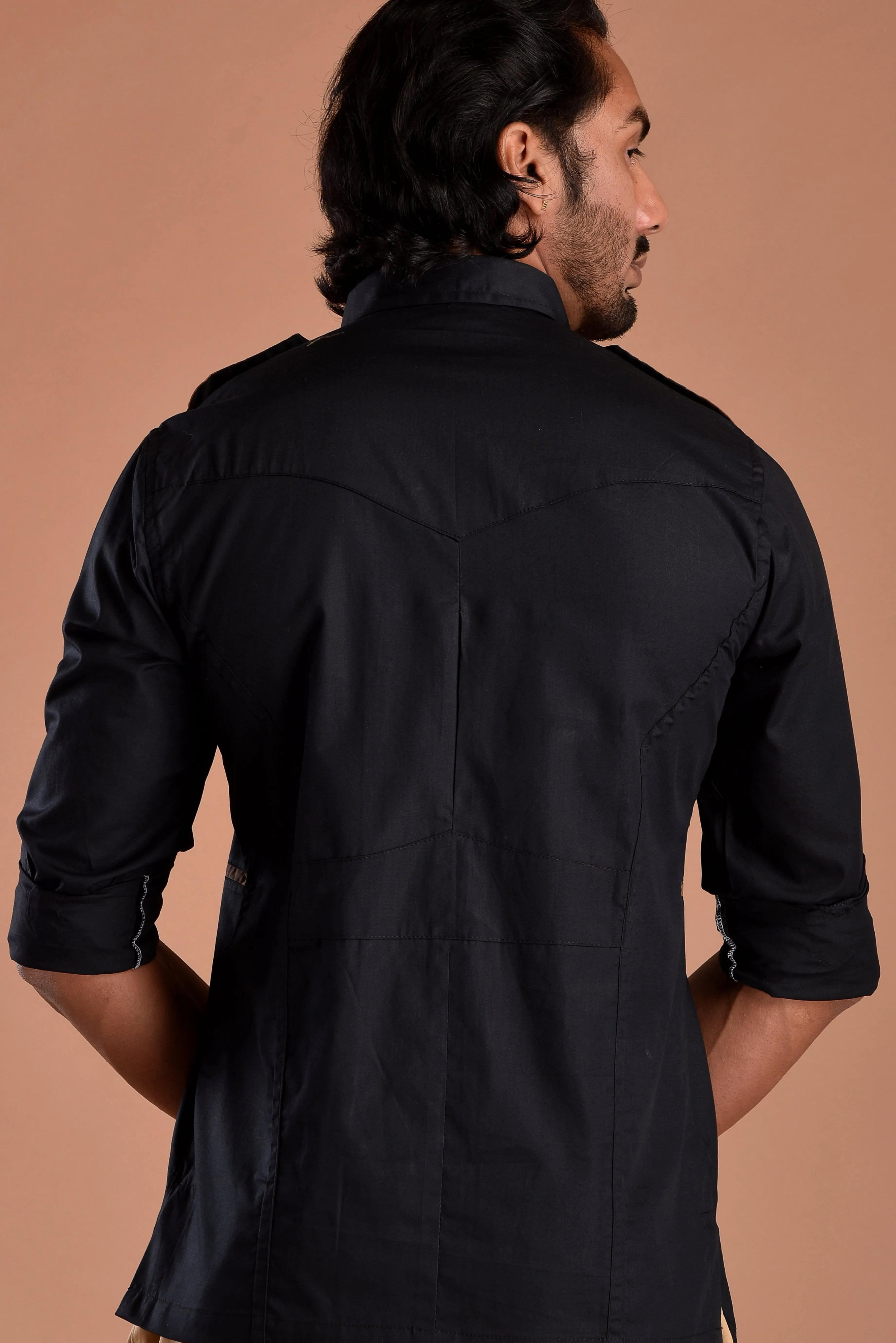 Classic Black Hunting Style Shirt with Camouflage pockets