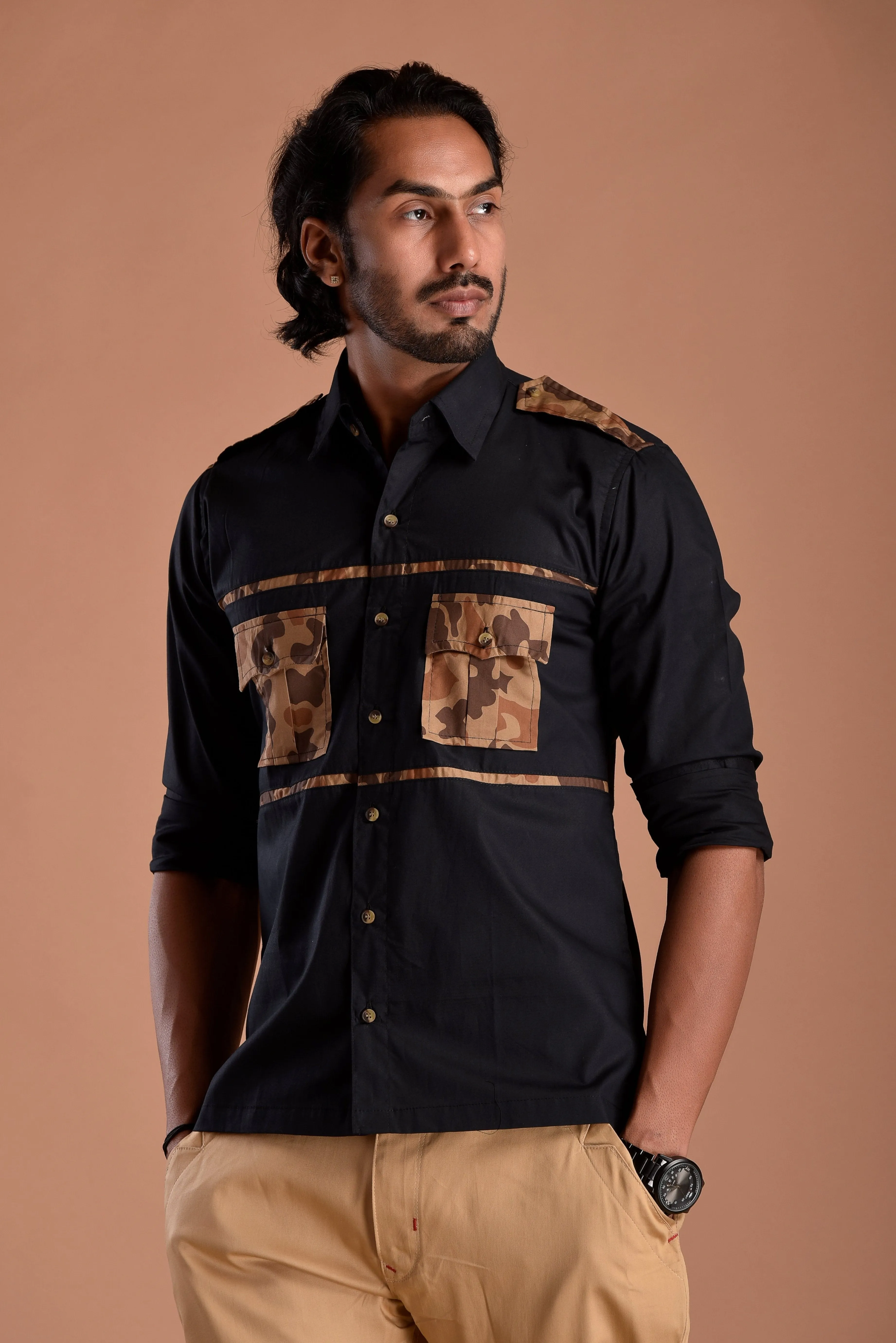 Classic Black Hunting Style Shirt with Camouflage pockets
