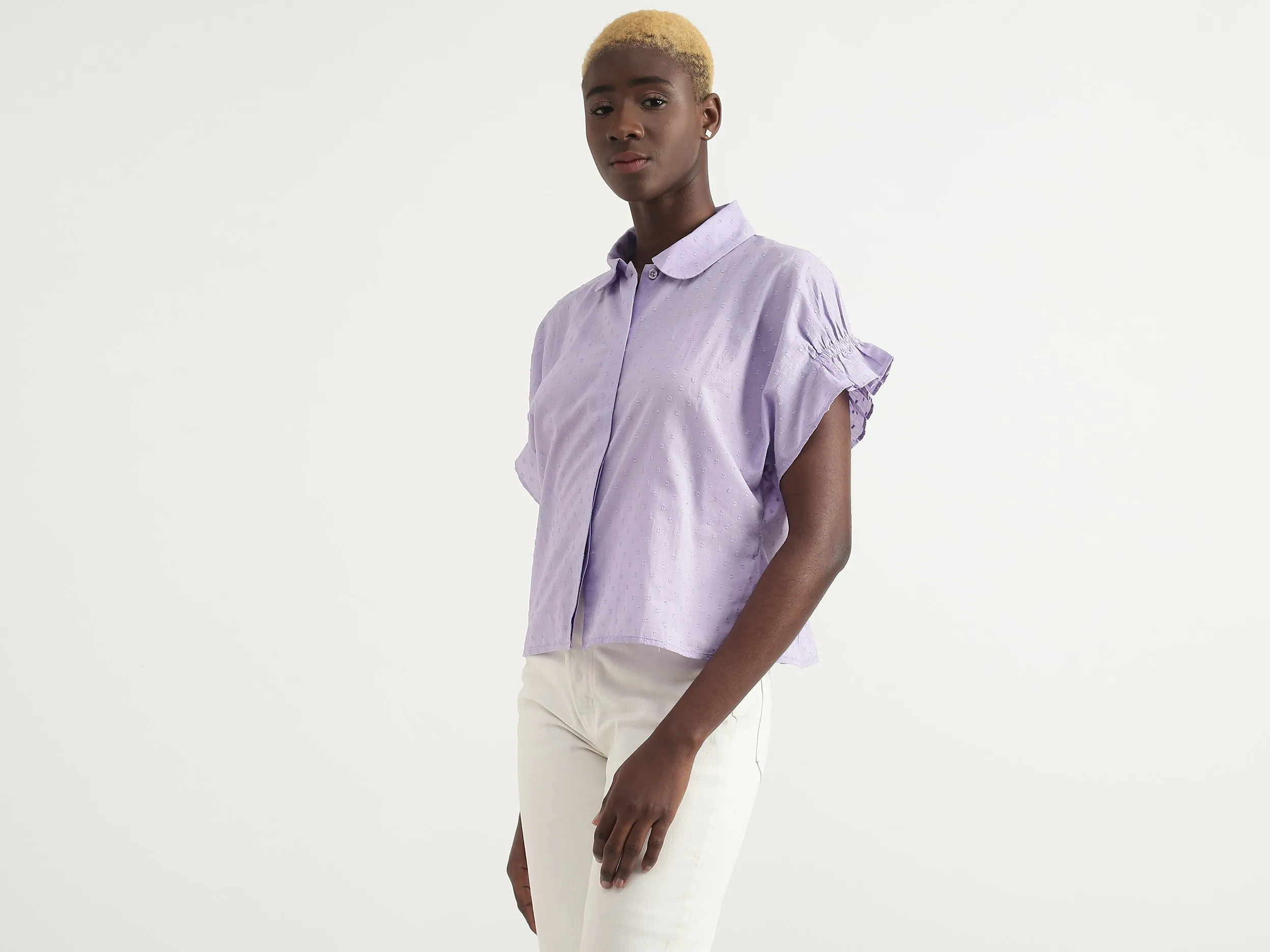 Cotton Solid Spread Collar Women Shirts