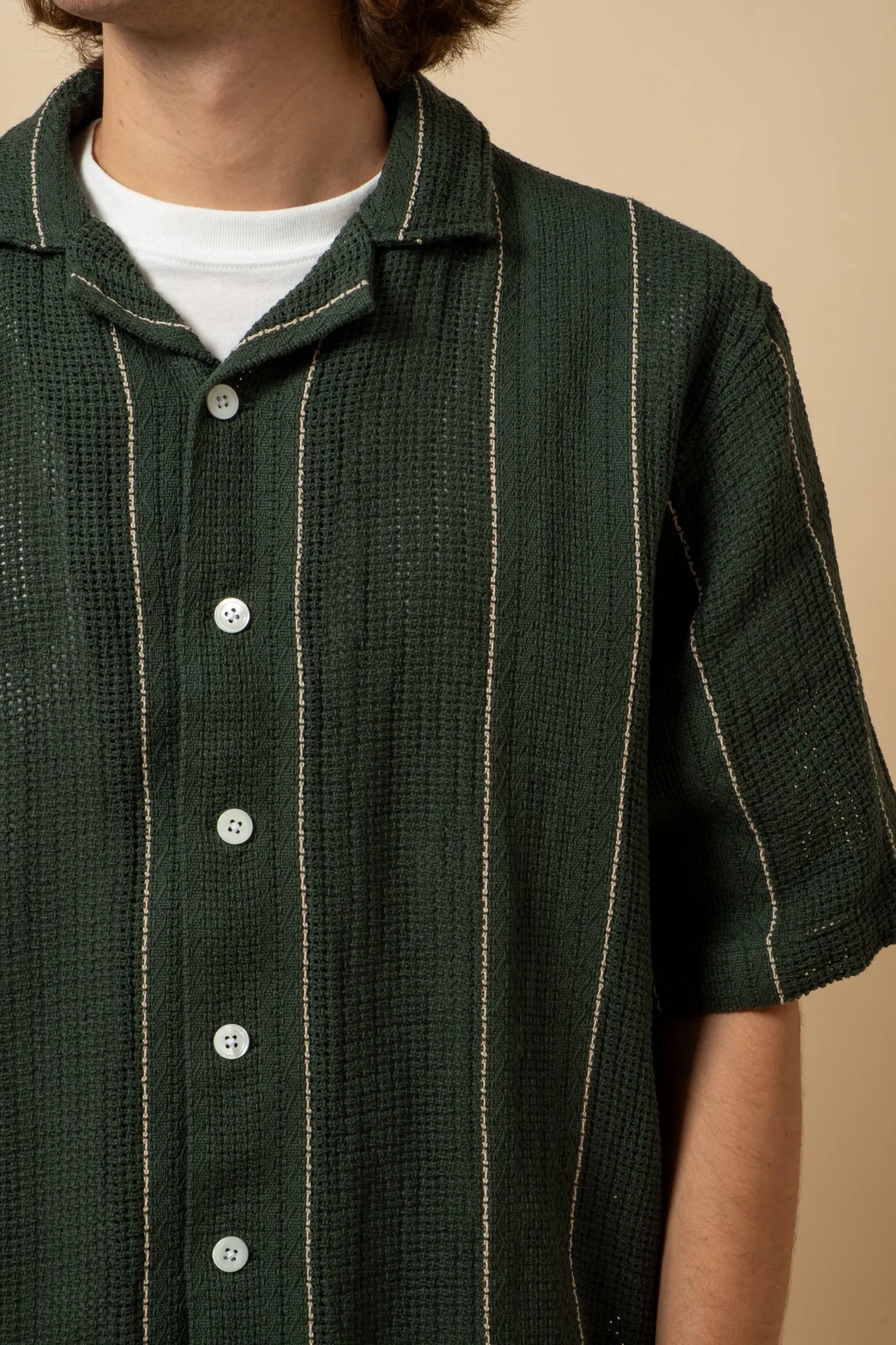 Crochet Camp Shirt - Dark Green Stripe