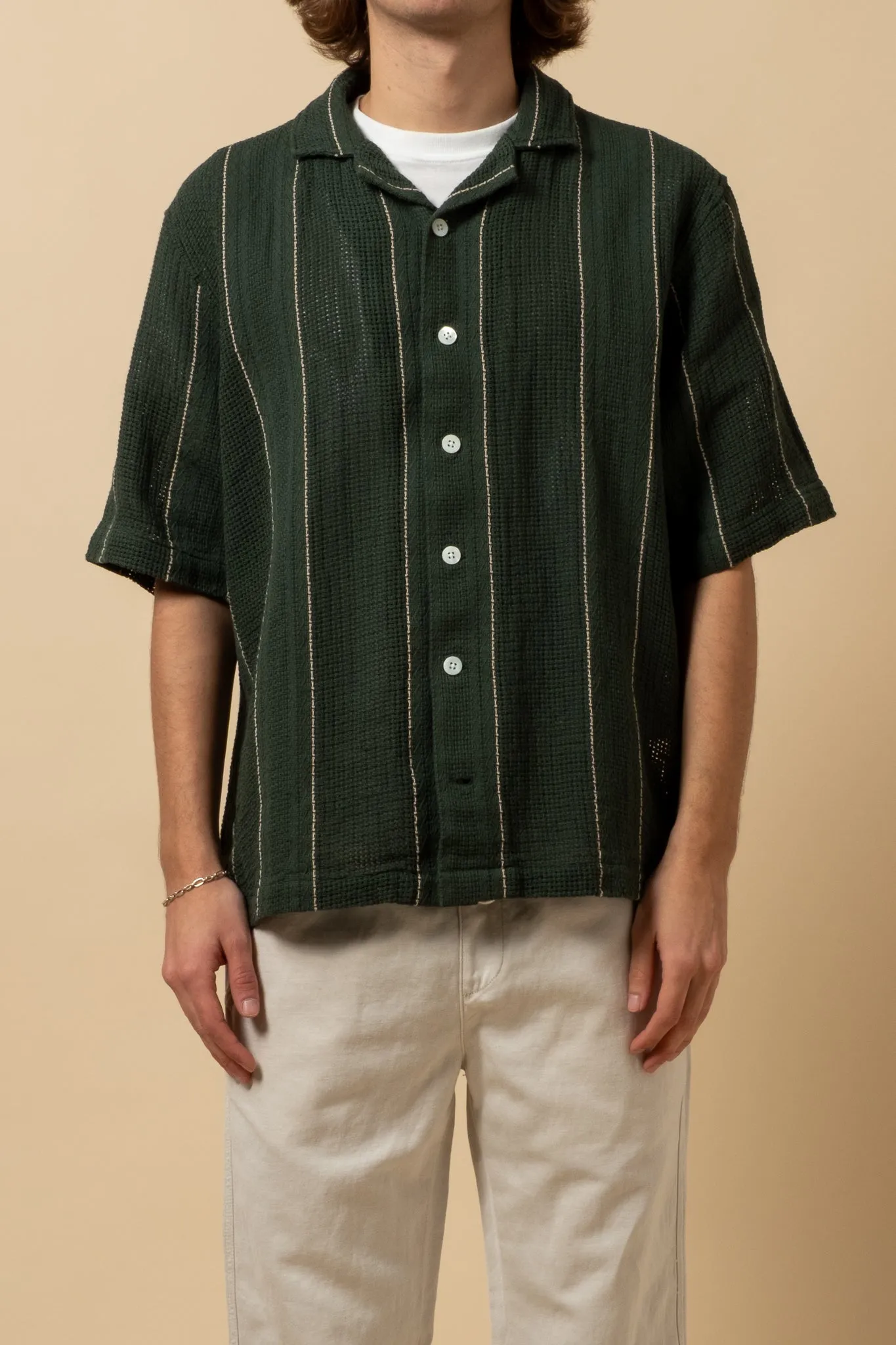 Crochet Camp Shirt - Dark Green Stripe