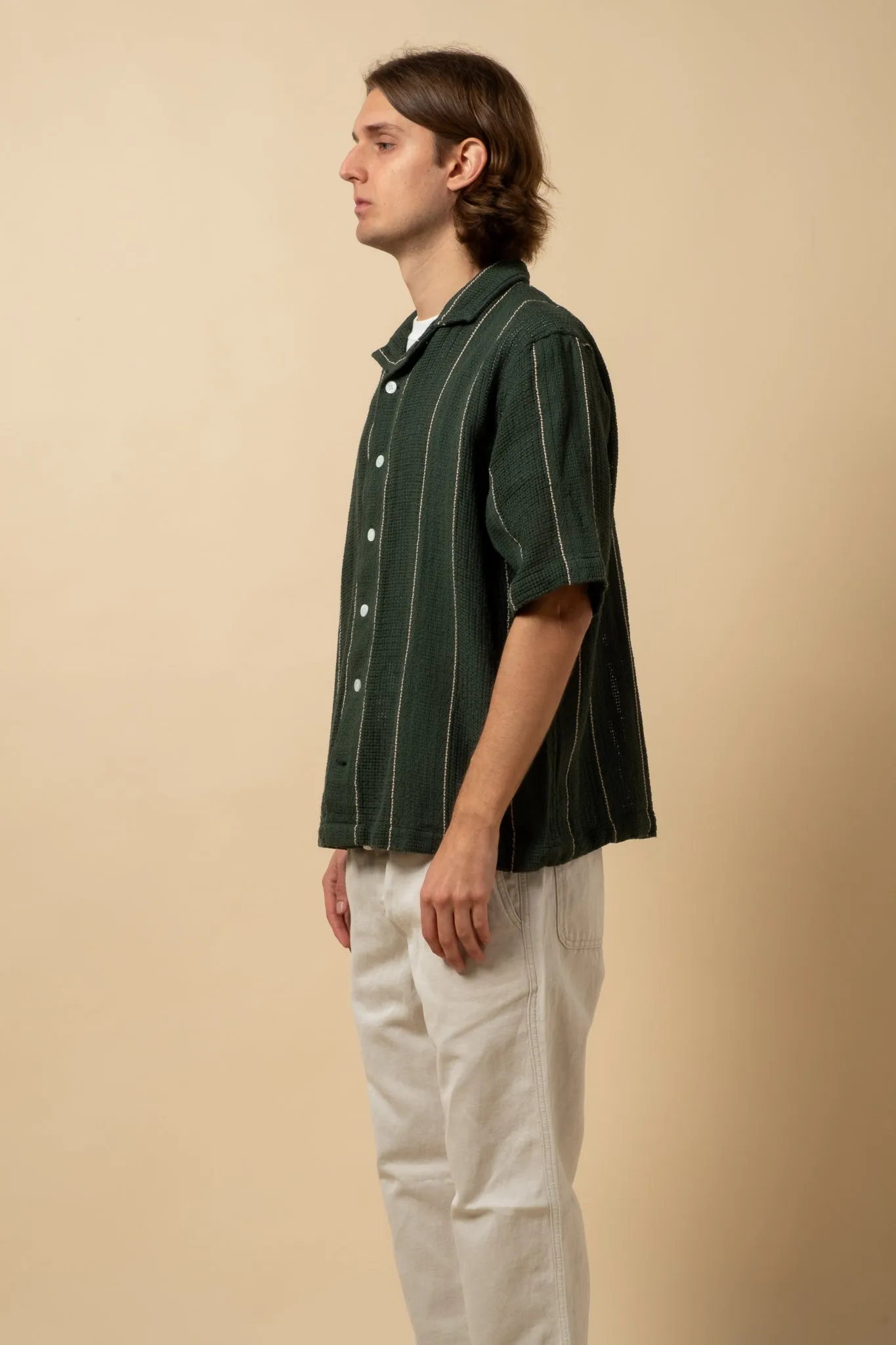 Crochet Camp Shirt - Dark Green Stripe