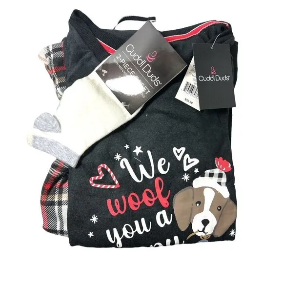 Cuddl Duds Womens Black Dogs Sweater Knit Socks 3 Pc Pajamas Sets Plus Sz 2X NWT