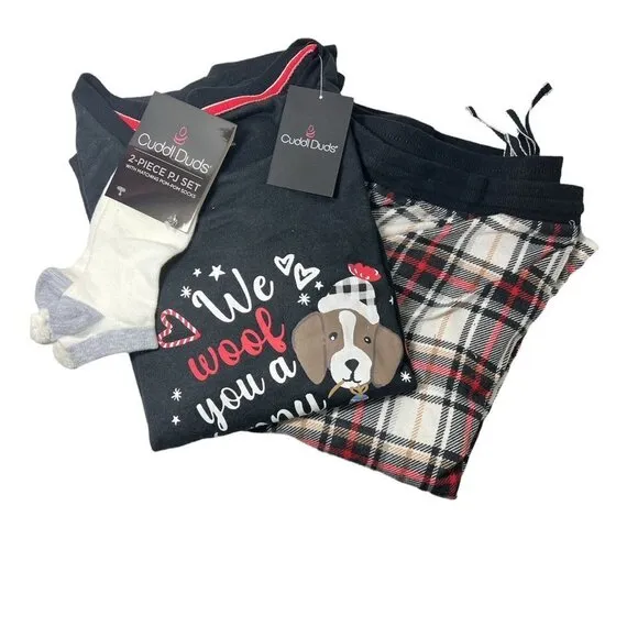 Cuddl Duds Womens Black Dogs Sweater Knit Socks 3 Pc Pajamas Sets Plus Sz 2X NWT