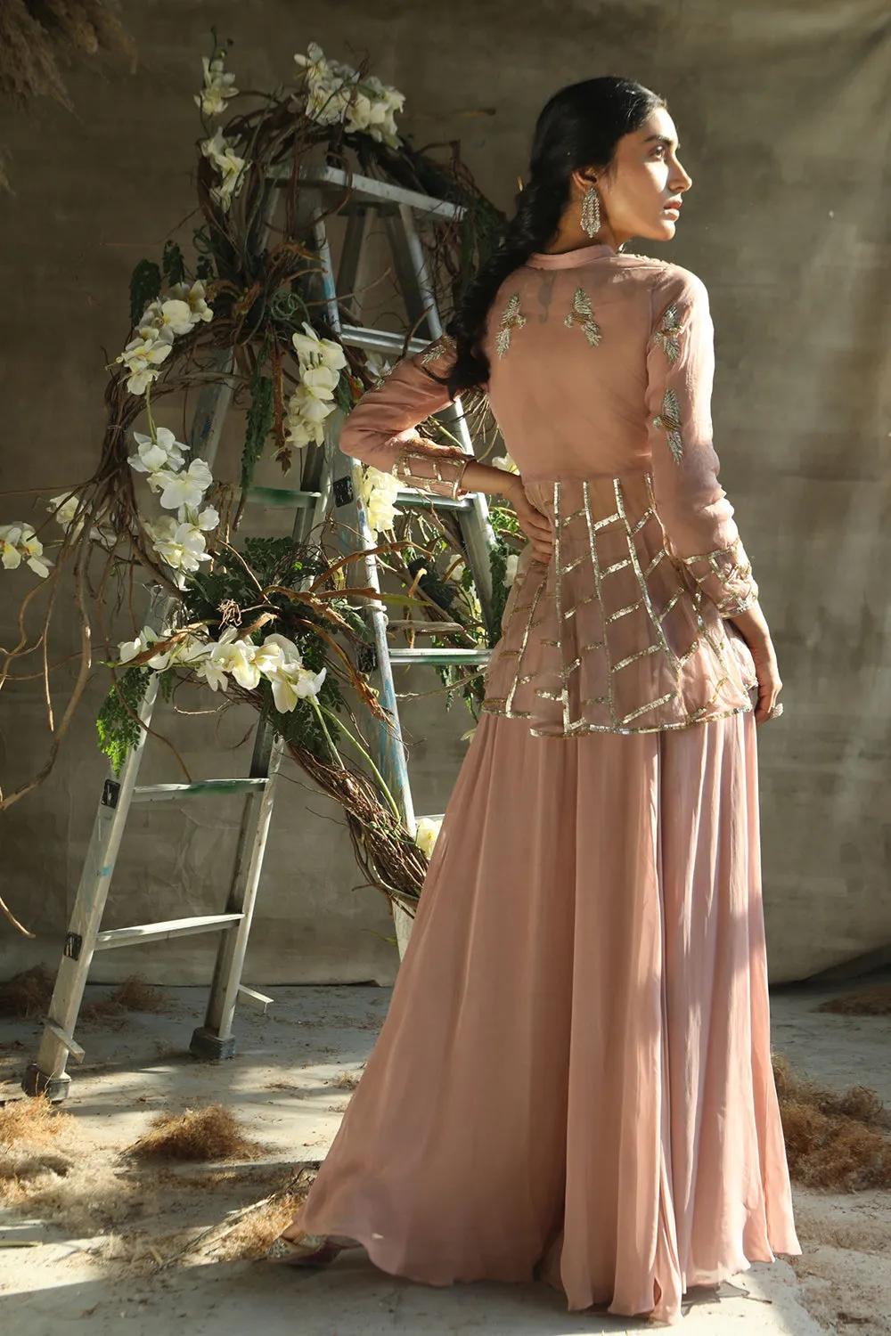 Dark Rosegold Indo-Western Peplum Top With Bella Pants
