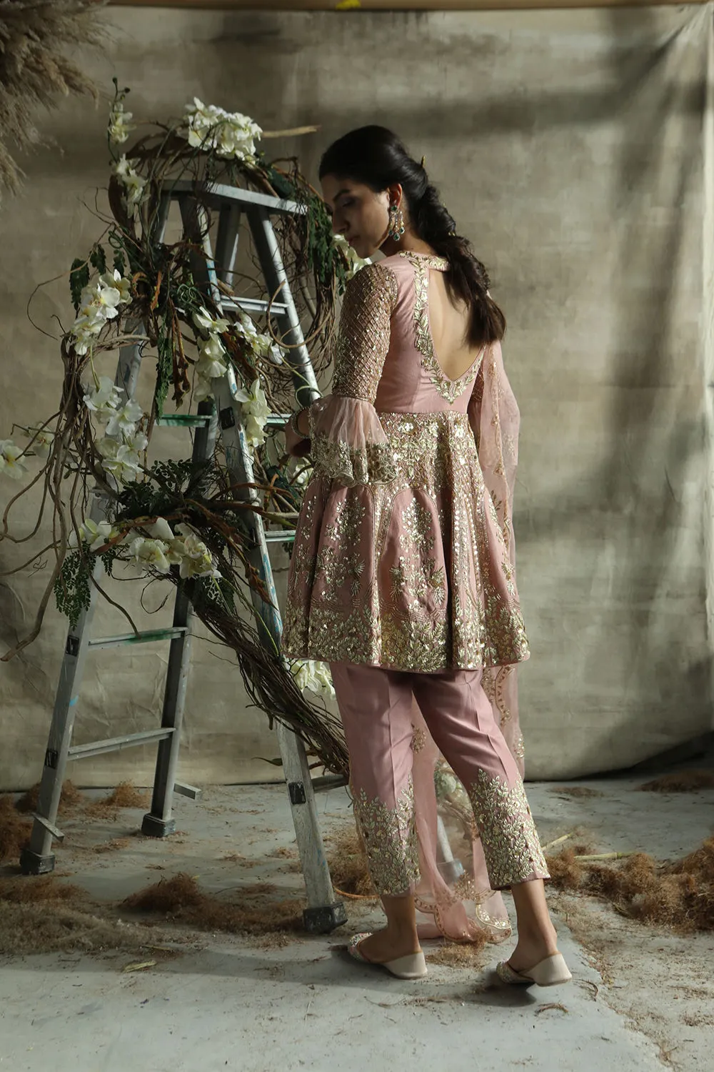 Dark Rosegold Short Anarkali Suit With Pants And Organza Dupatta