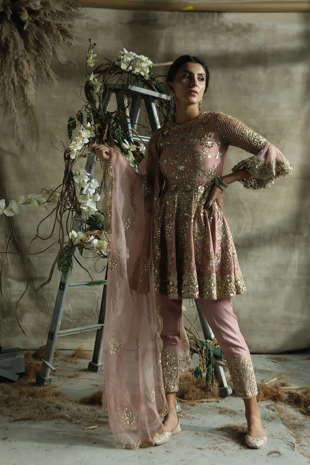 Dark Rosegold Short Anarkali Suit With Pants And Organza Dupatta