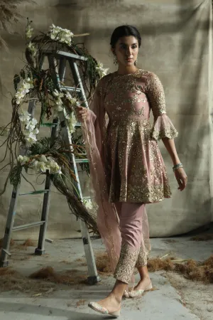 Dark Rosegold Short Anarkali Suit With Pants And Organza Dupatta
