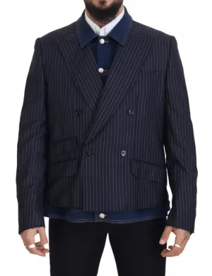 Dolce & Gabbana Blue Striped Double Breasted Denim Blazer