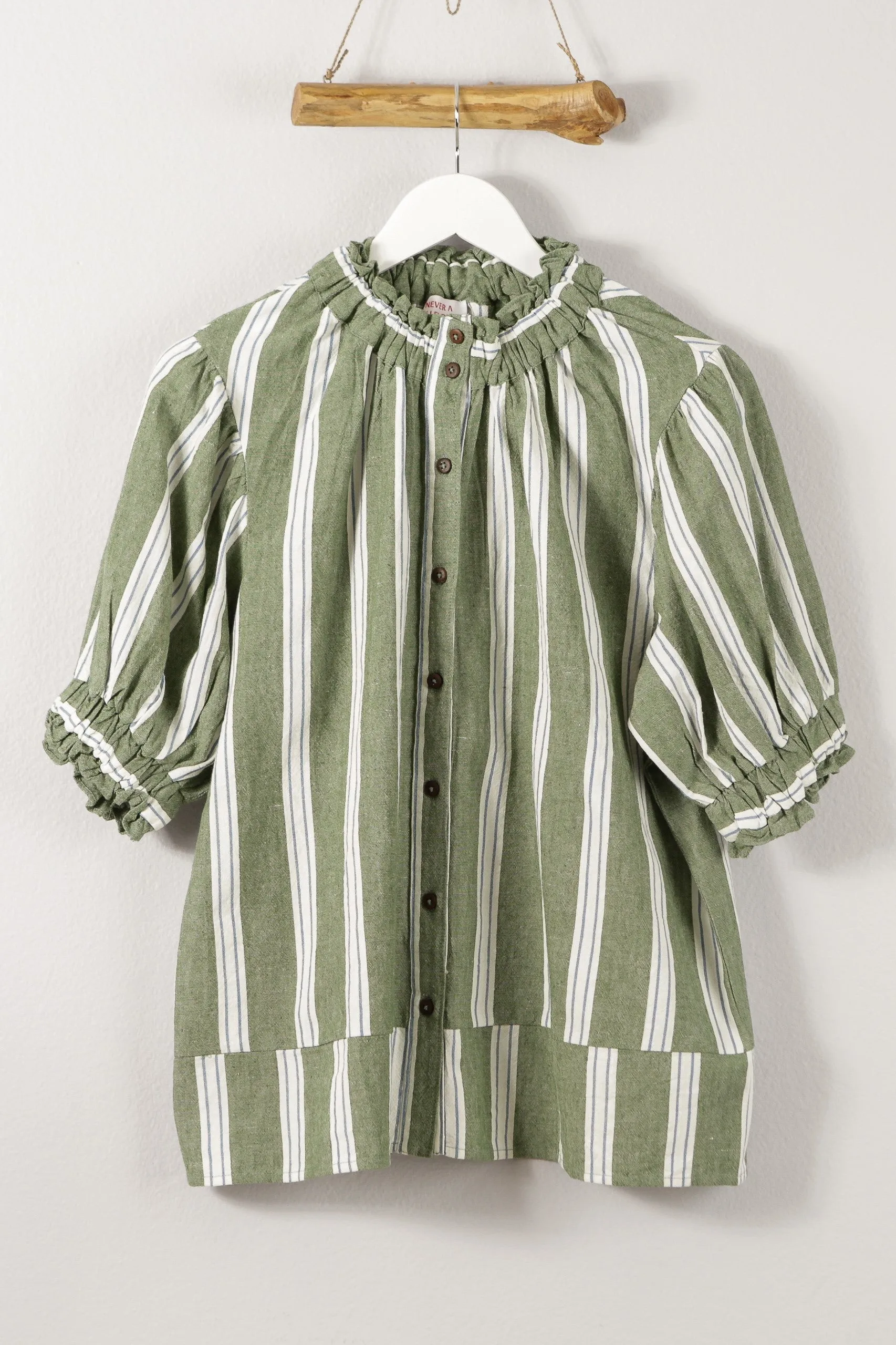 Elastic Short Sleeve Top In Green Stripe