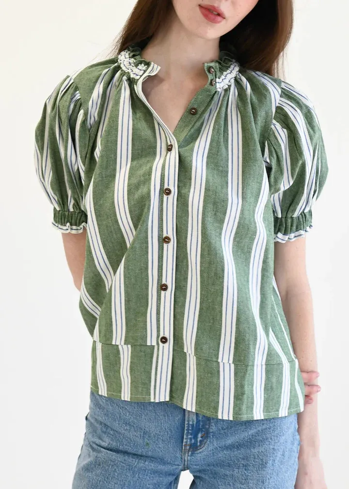 Elastic Short Sleeve Top In Green Stripe