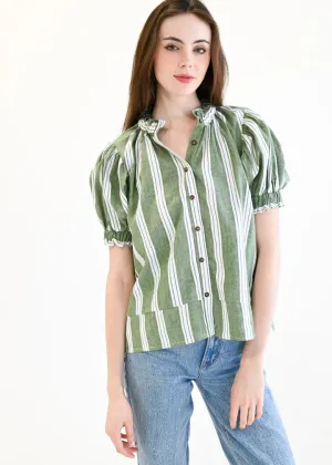 Elastic Short Sleeve Top In Green Stripe