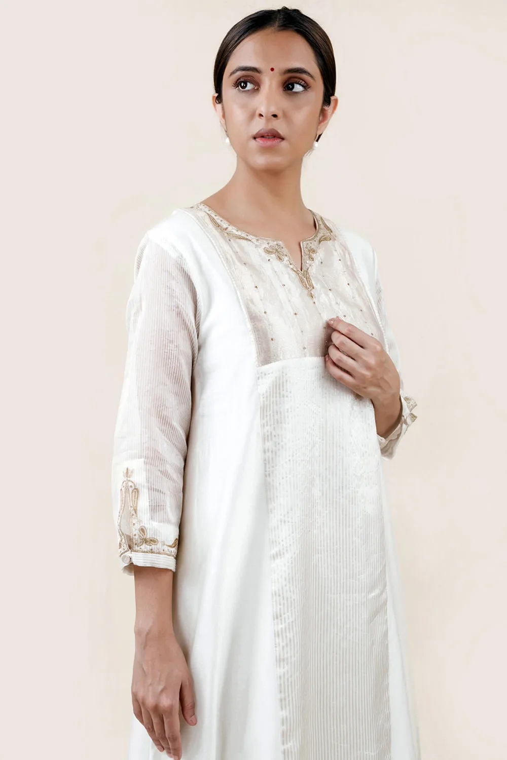 Embroidered Chanderi /Panelled A-Line Kurta And Slub Silk Pants Set
