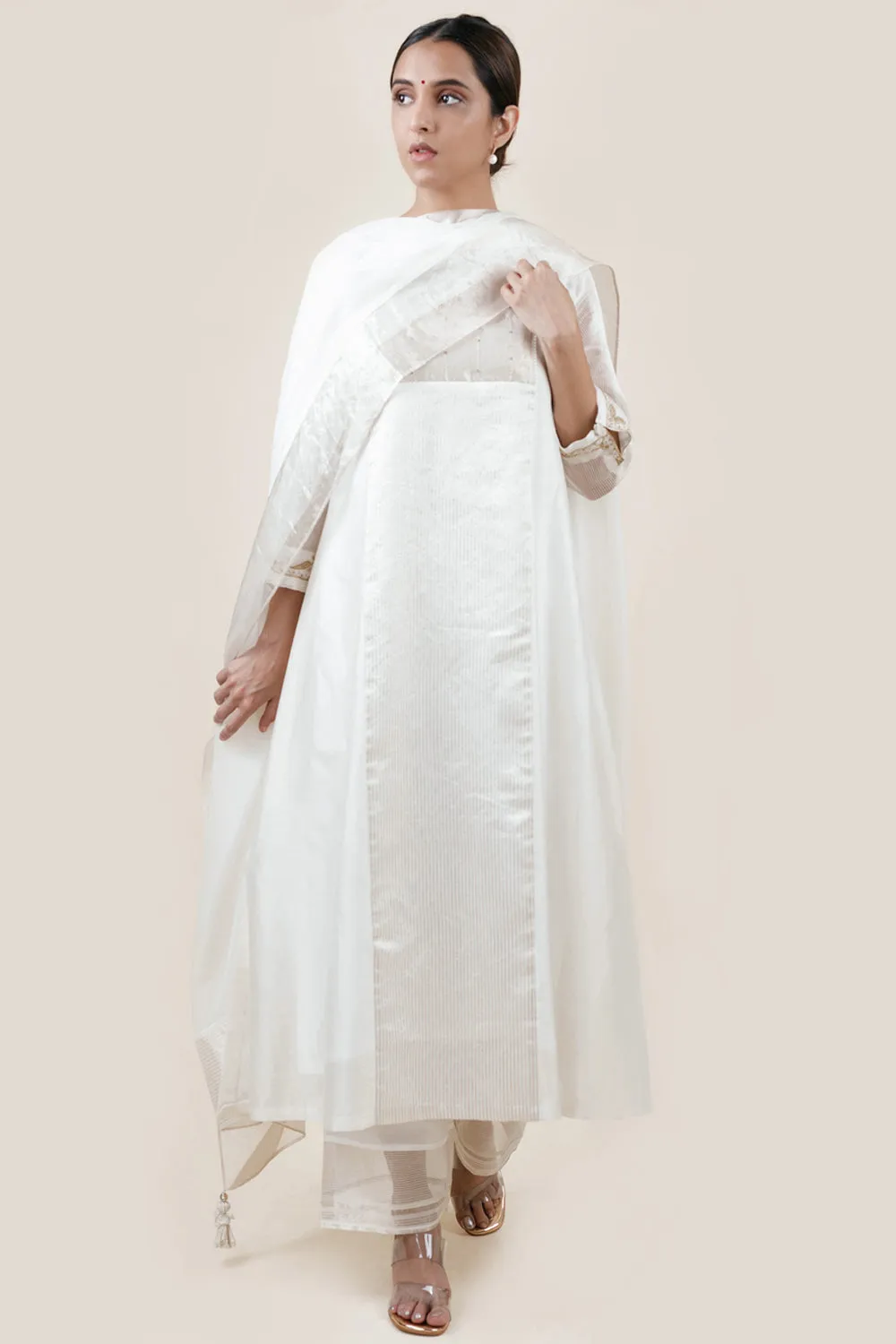 Embroidered Chanderi /Panelled A-Line Kurta And Slub Silk Pants Set