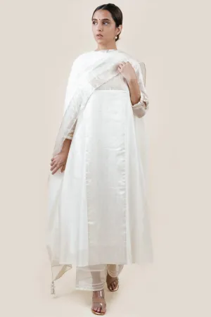 Embroidered Chanderi /Panelled A-Line Kurta And Slub Silk Pants Set
