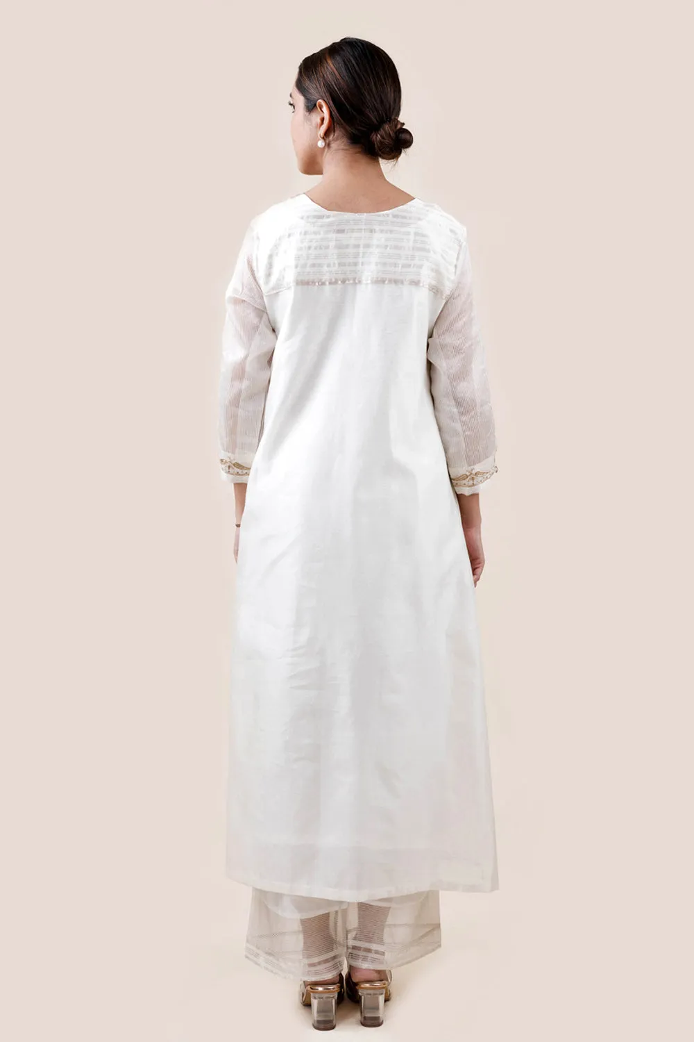 Embroidered Chanderi /Panelled A-Line Kurta And Slub Silk Pants Set