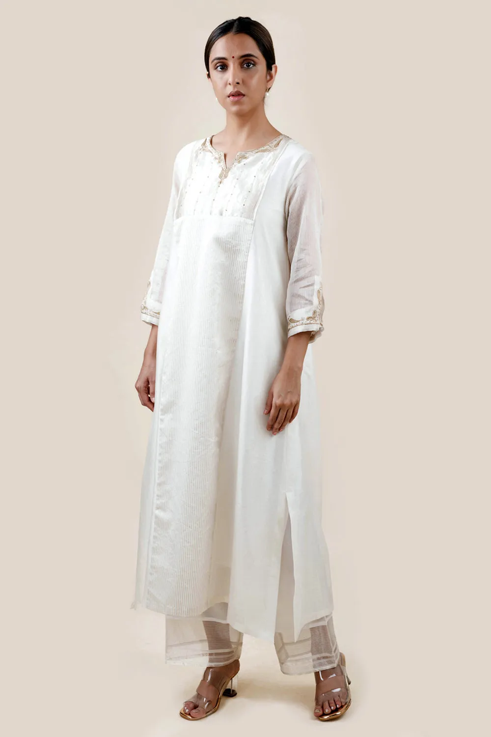 Embroidered Chanderi /Panelled A-Line Kurta And Slub Silk Pants Set