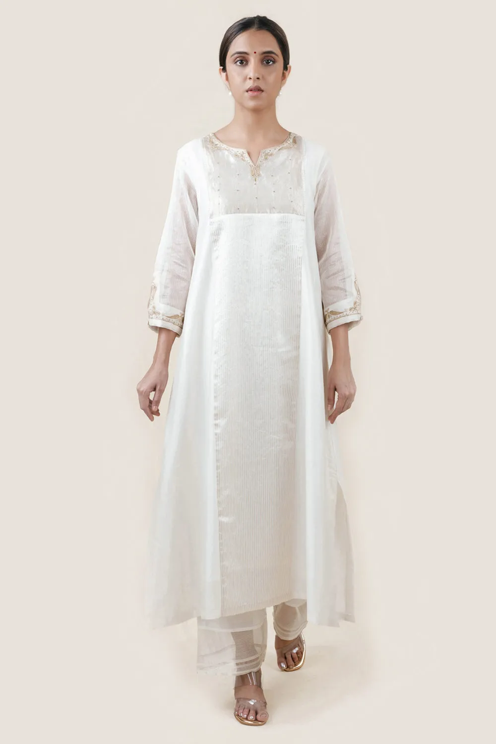 Embroidered Chanderi /Panelled A-Line Kurta And Slub Silk Pants Set