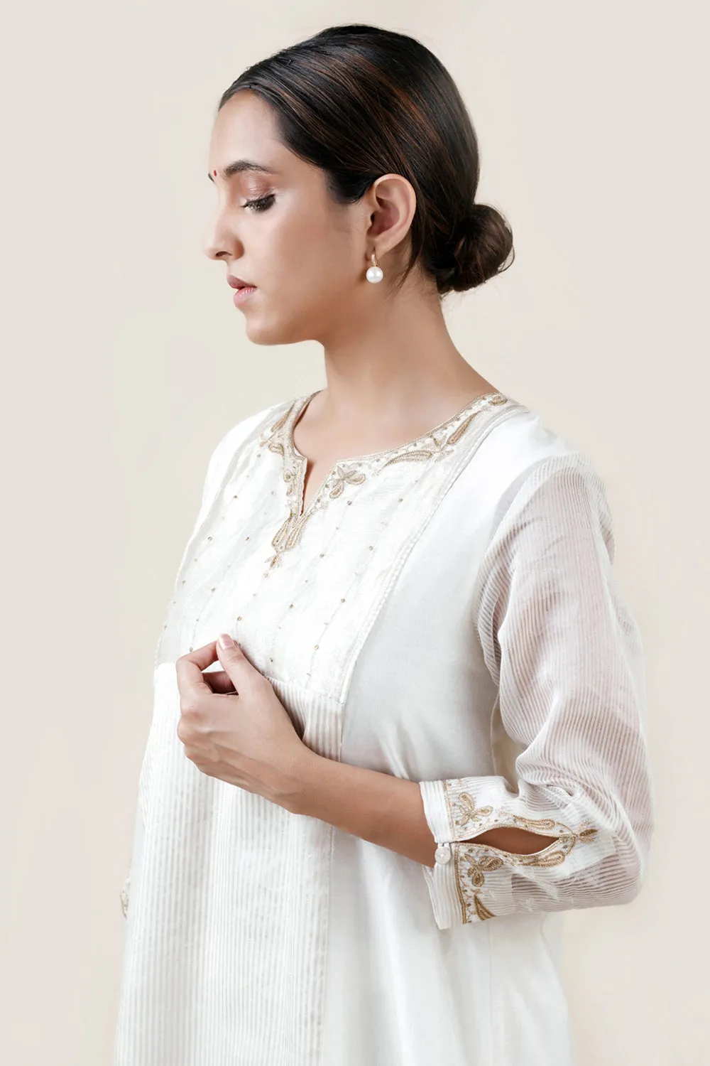 Embroidered Chanderi /Panelled A-Line Kurta And Slub Silk Pants Set