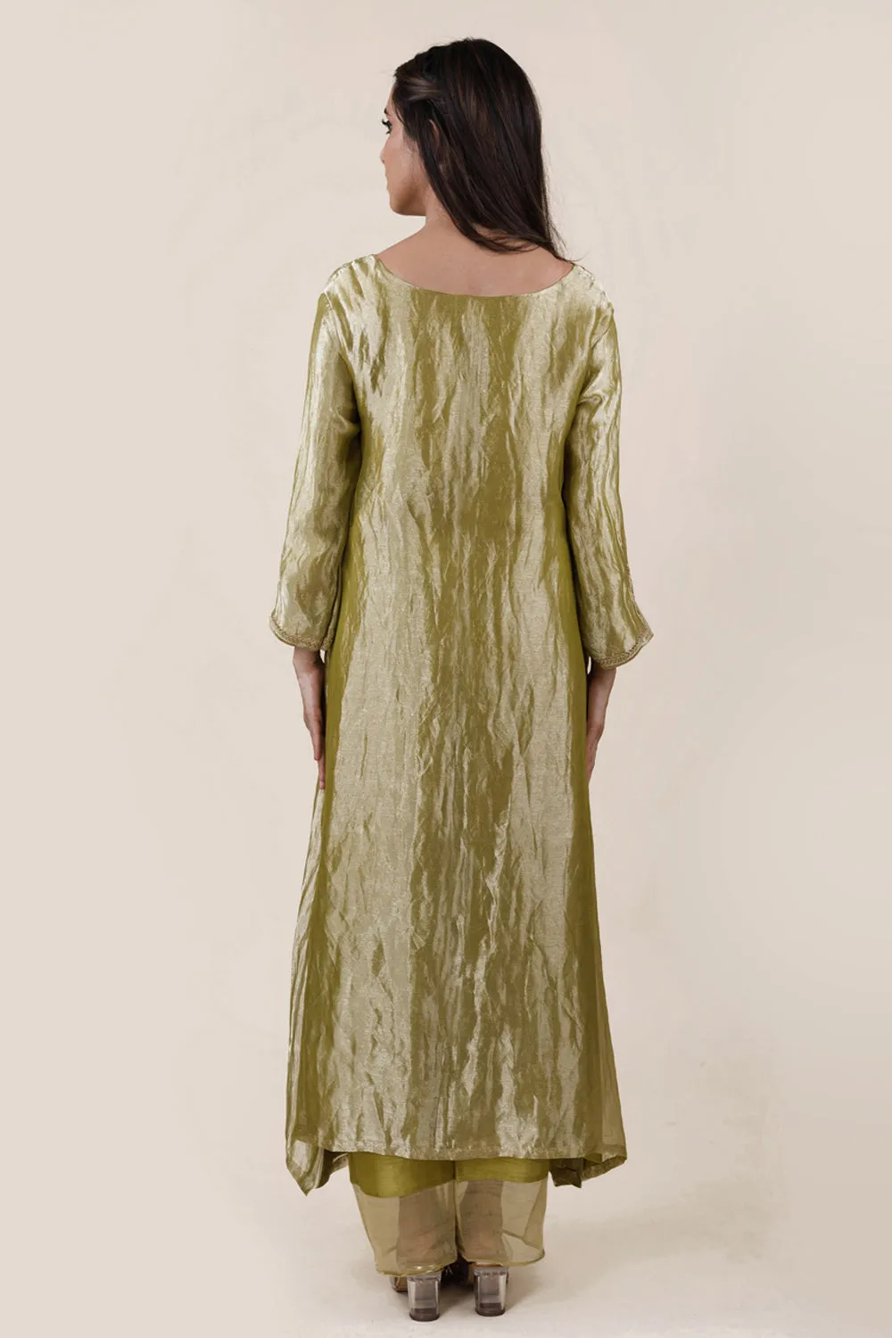 Embroidered Tissue A-Line Kurta And Slub Silk Pants Set