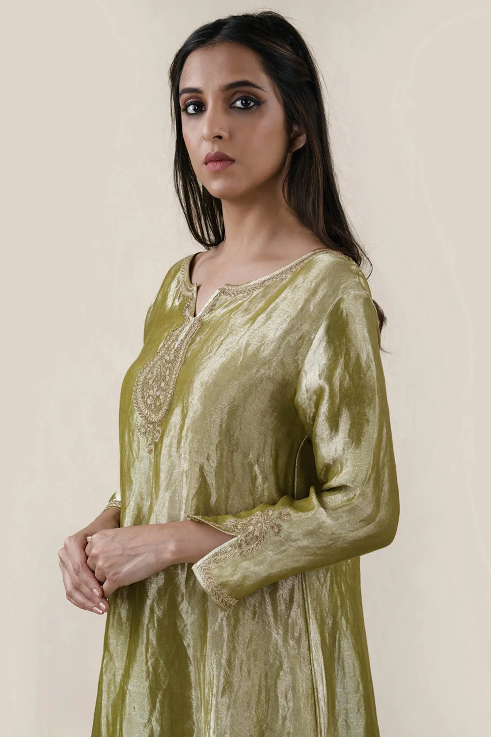 Embroidered Tissue A-Line Kurta And Slub Silk Pants Set