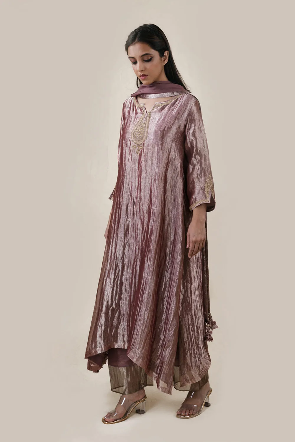 Embroidered Tissue A-Line Kurta And Slub Silk Pants Set