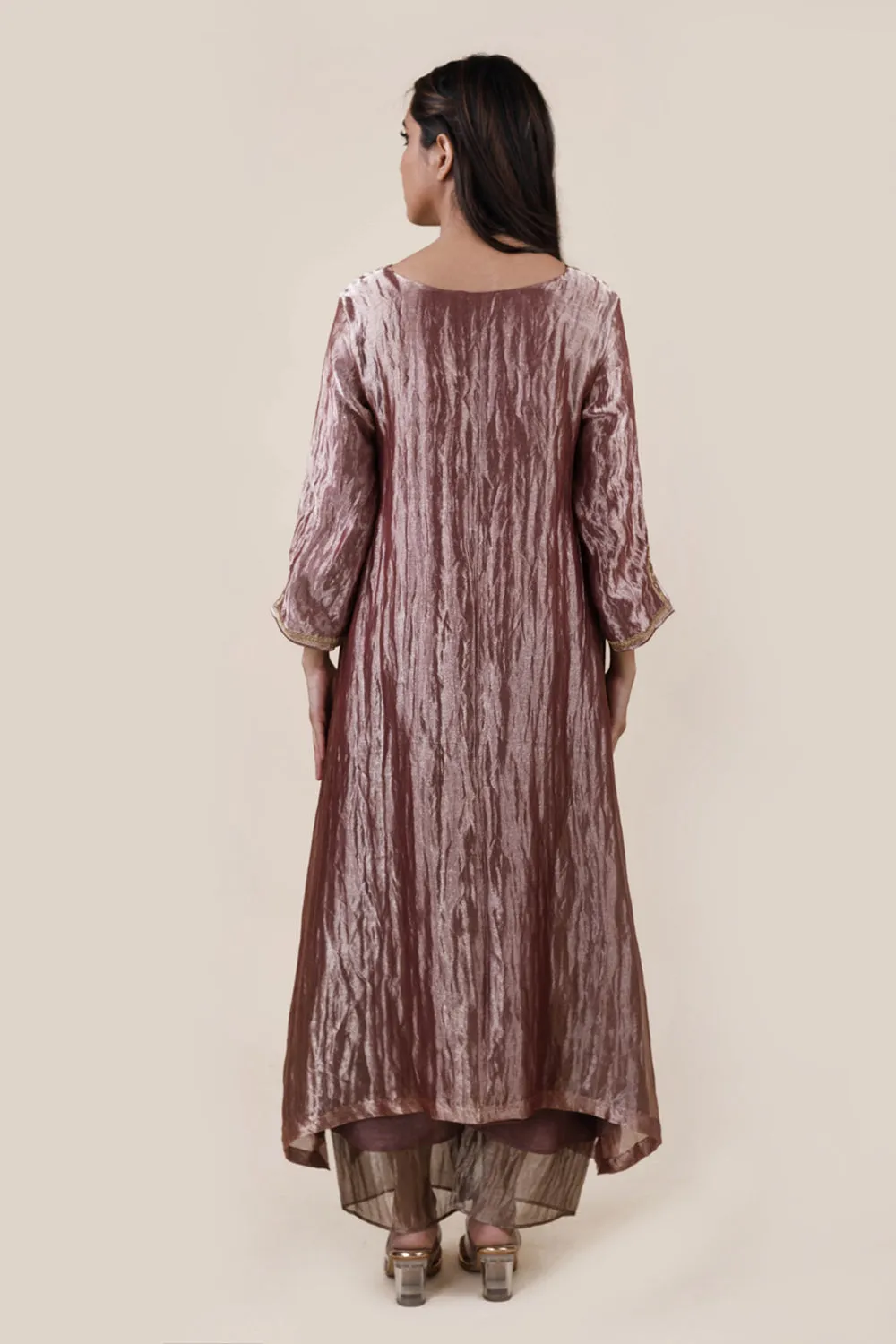 Embroidered Tissue A-Line Kurta And Slub Silk Pants Set