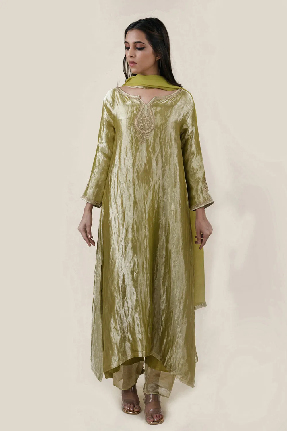 Embroidered Tissue A-Line Kurta And Slub Silk Pants Set