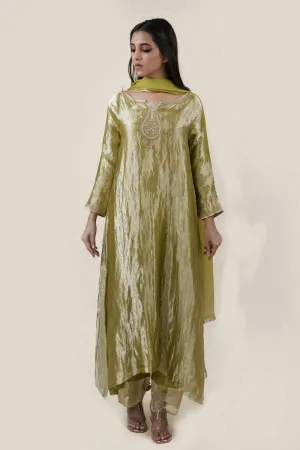 Embroidered Tissue A-Line Kurta And Slub Silk Pants Set