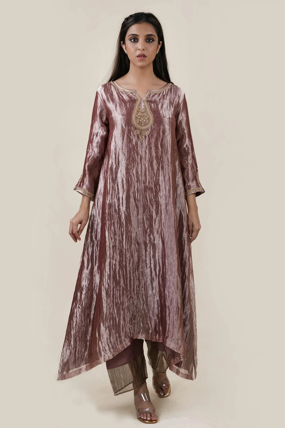 Embroidered Tissue A-Line Kurta And Slub Silk Pants Set