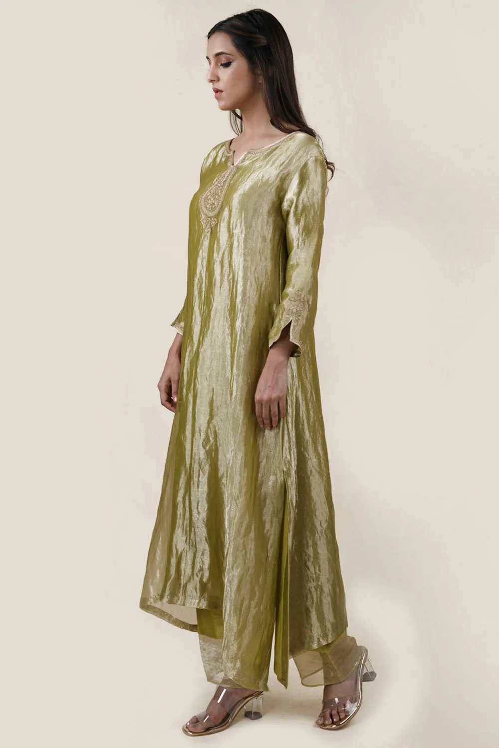 Embroidered Tissue A-Line Kurta And Slub Silk Pants Set