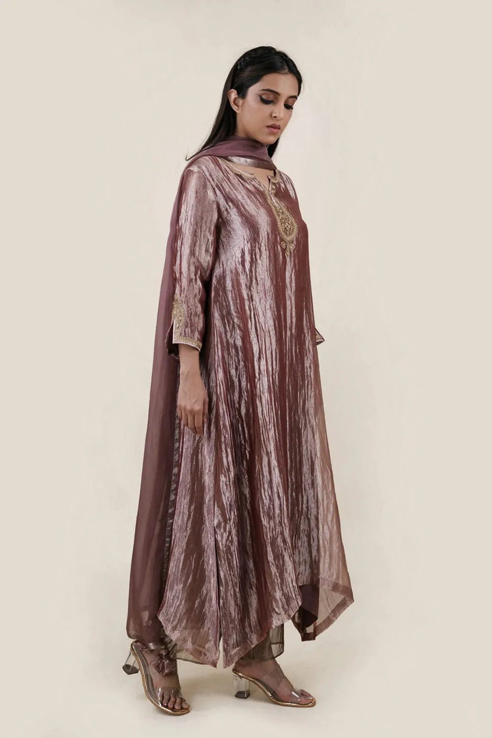 Embroidered Tissue A-Line Kurta And Slub Silk Pants Set