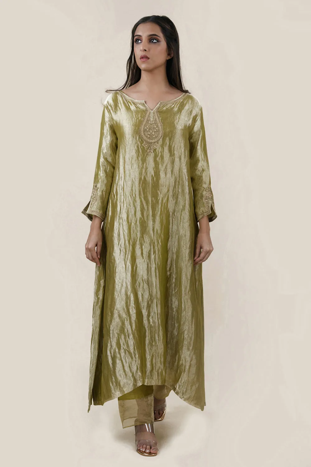 Embroidered Tissue A-Line Kurta And Slub Silk Pants Set
