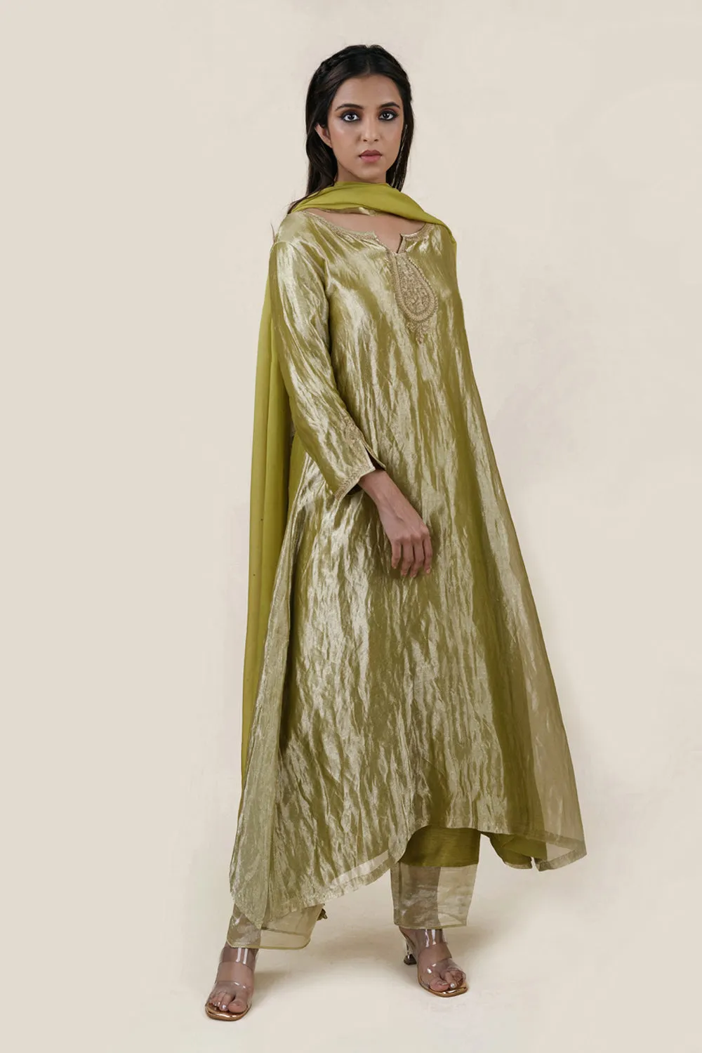 Embroidered Tissue A-Line Kurta And Slub Silk Pants Set