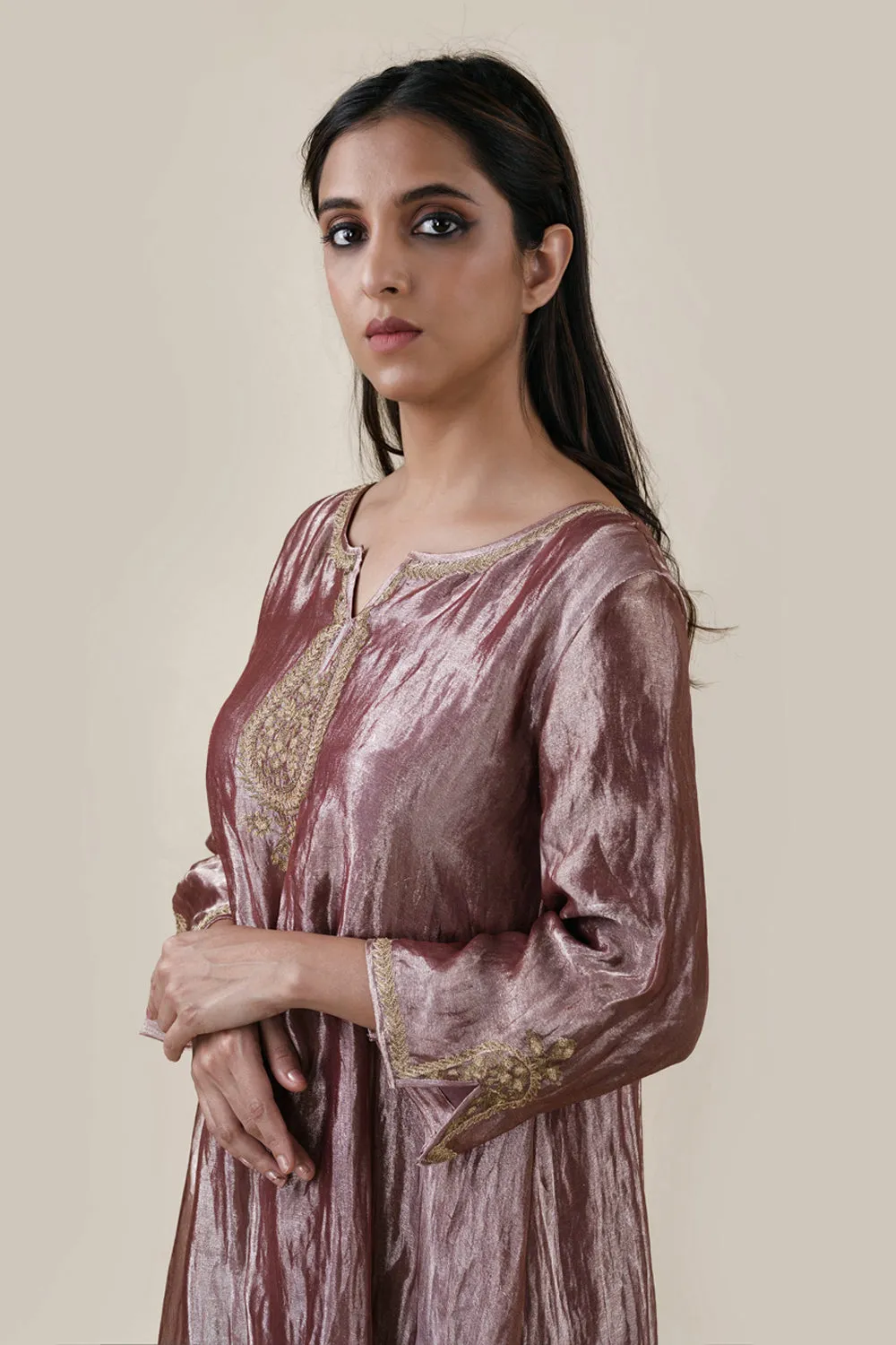 Embroidered Tissue A-Line Kurta And Slub Silk Pants Set