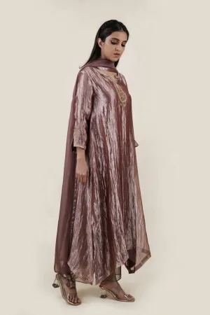 Embroidered Tissue A-Line Kurta And Slub Silk Pants Set