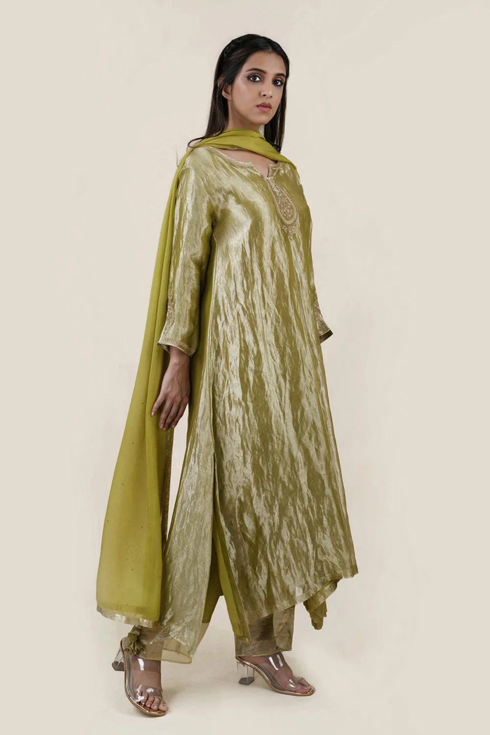 Embroidered Tissue A-Line Kurta And Slub Silk Pants Set