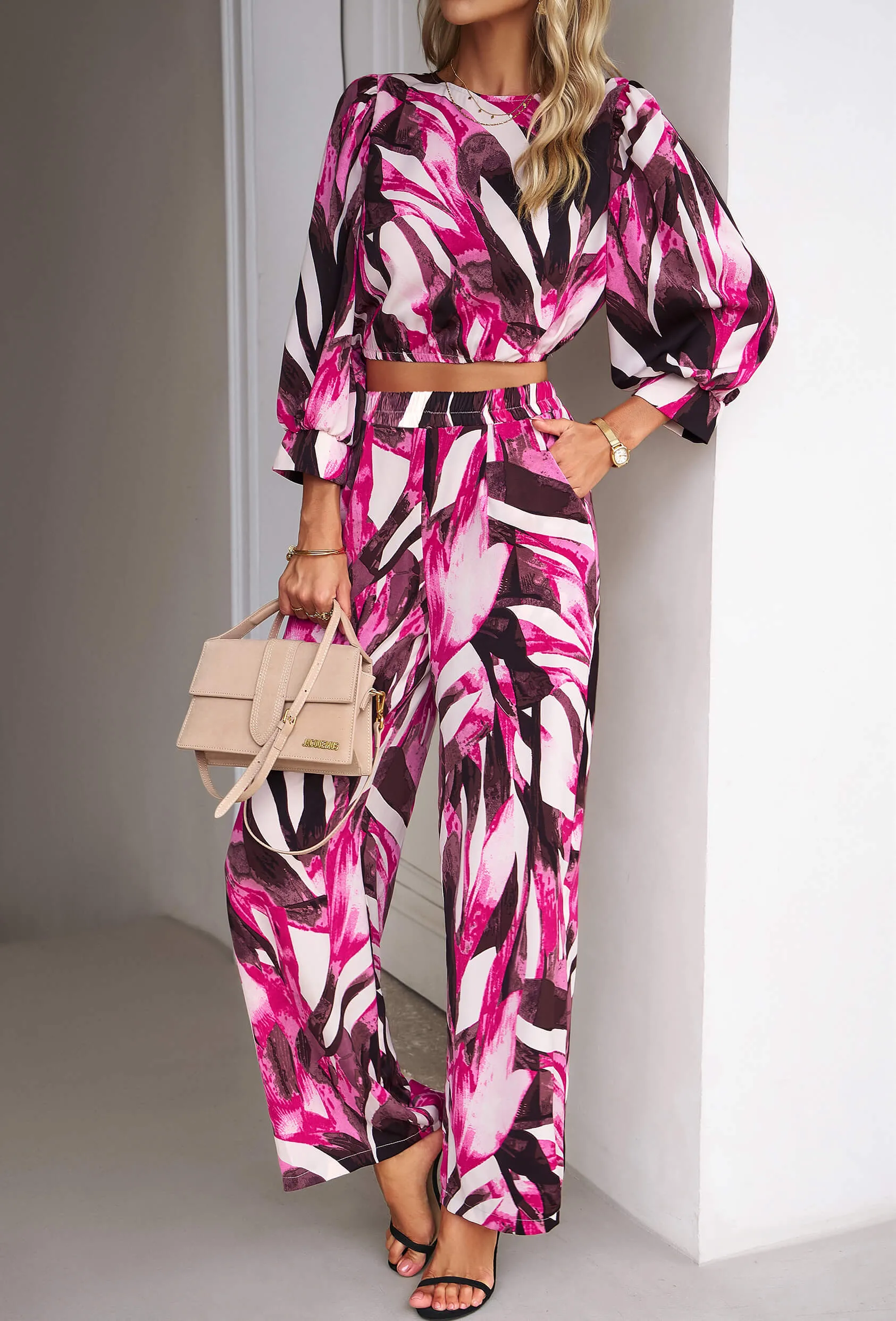 Fall Baecation Printed Long Matching Set - Pink