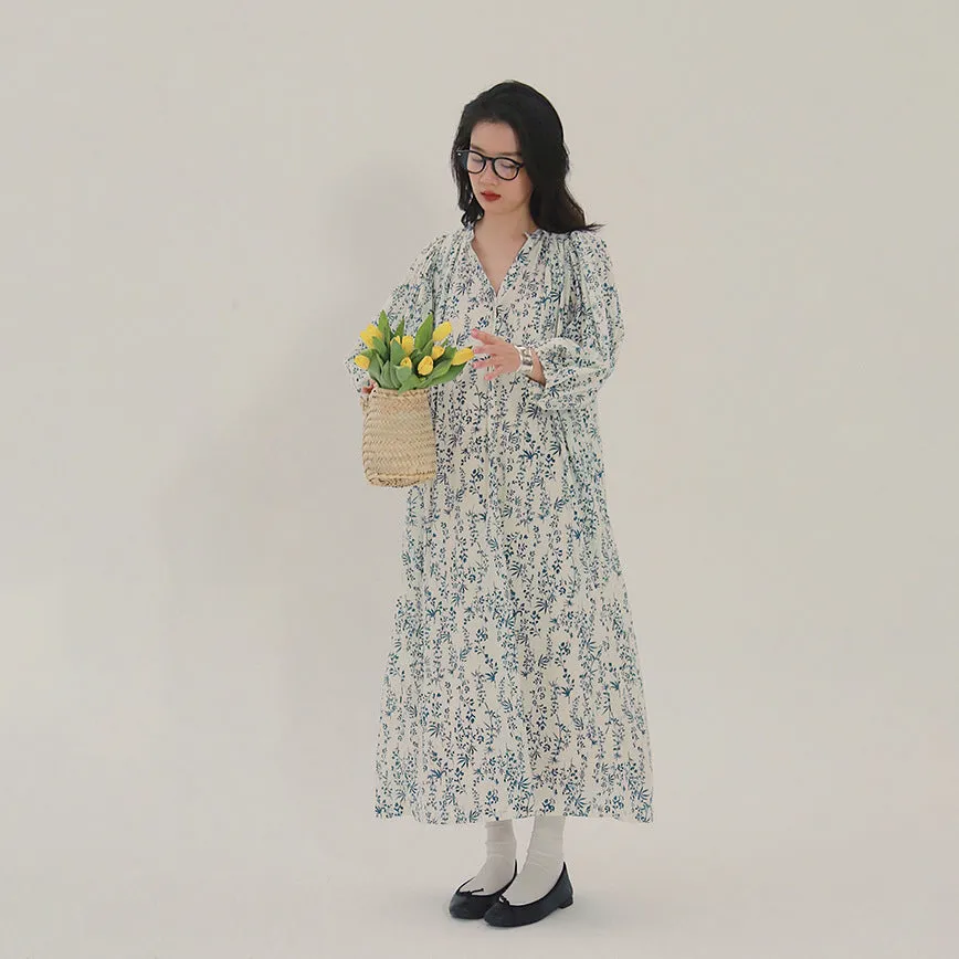 floral vacation dress bubble sleeve V-neck large size long dress women's spring and summer thin lace-up skirt A0355