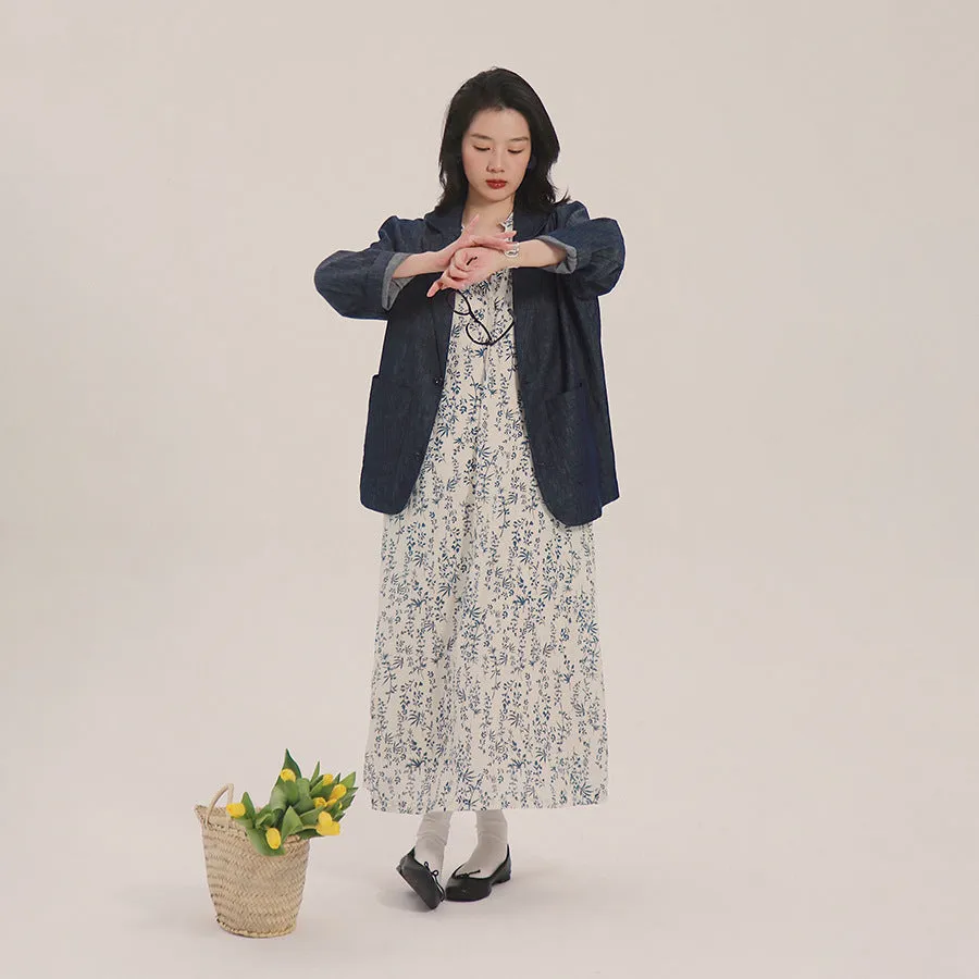 floral vacation dress bubble sleeve V-neck large size long dress women's spring and summer thin lace-up skirt A0355